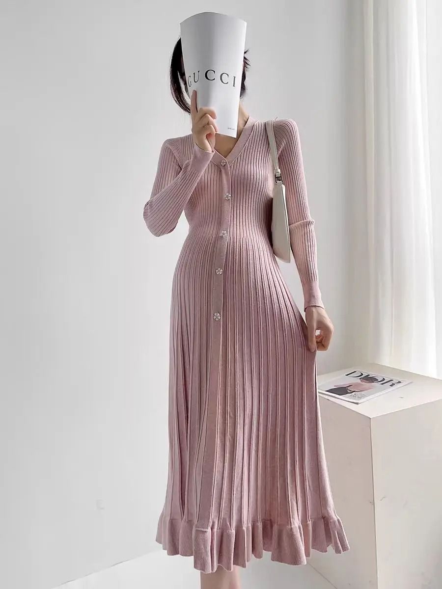 Single Breasted V Neck Fishtail Maternity Knit Dress