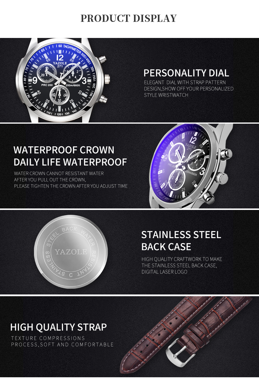 Men's Quartz Watch Blue Dial Waterproof Business Casual Leather Strap Watch