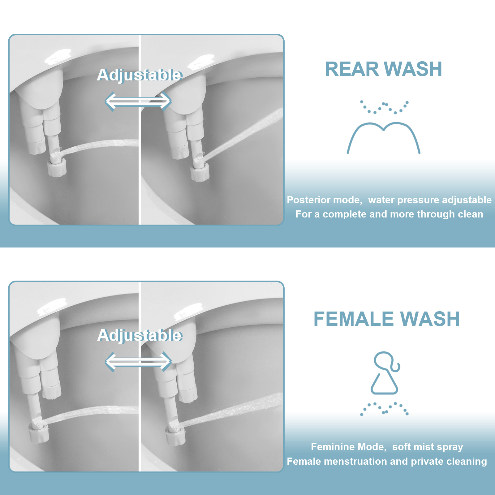 Ultra-Slim Bidet Attachment Dual Nozzle Toilet Seat Adjustable Water Pressure Non-Electric Ass Sprayer