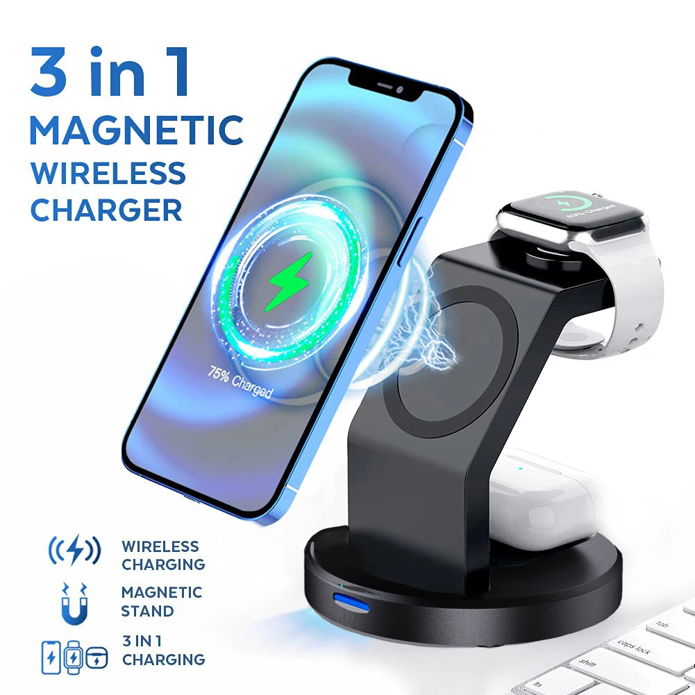 Wireless Charging Station Dock, Magnetic Charger Stand for Smartphones, MagSafe Fast Charge Base