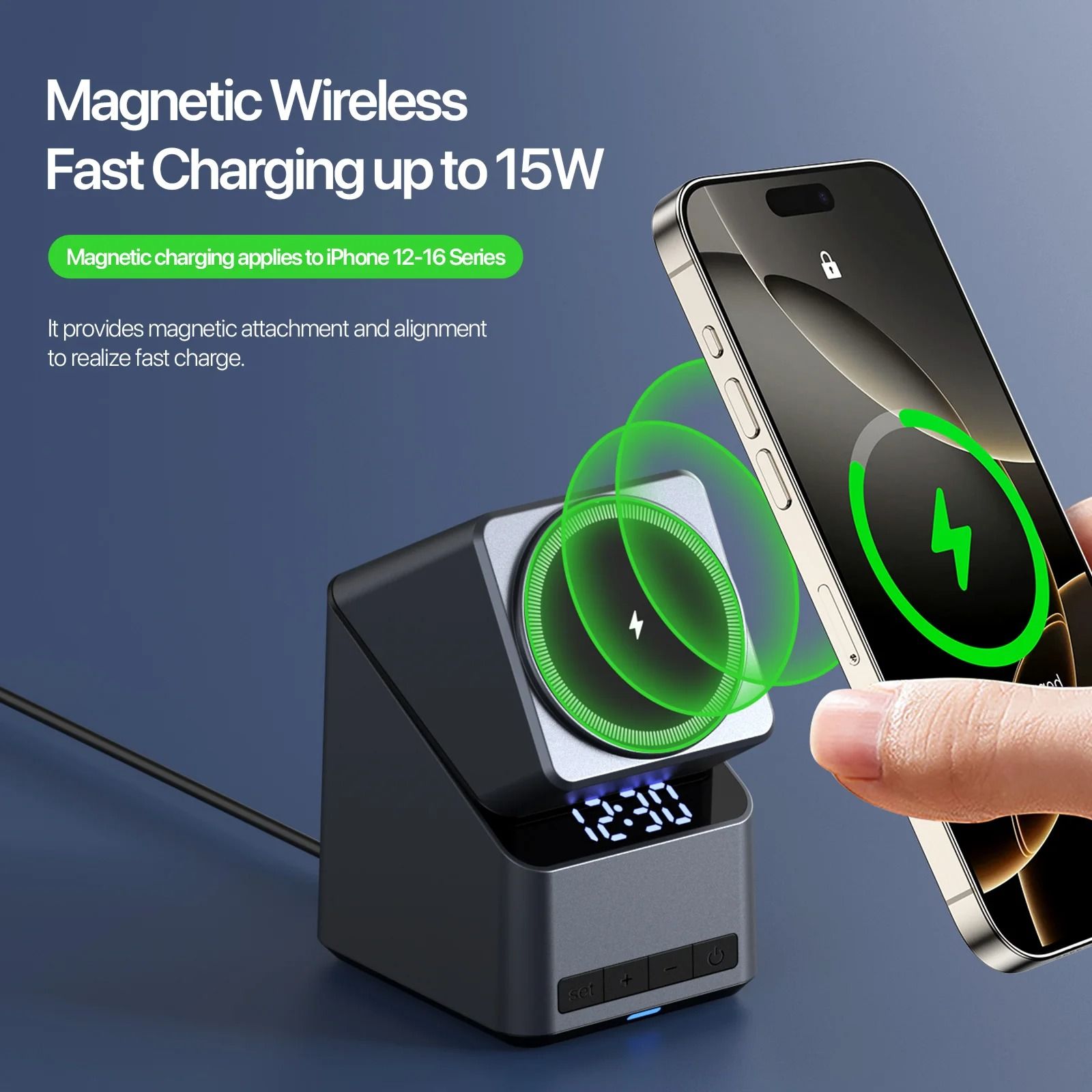 4-in-1 Auto-Rotation Wireless Charging Station – High-Speed Magnetic Dock with Digital Clock
