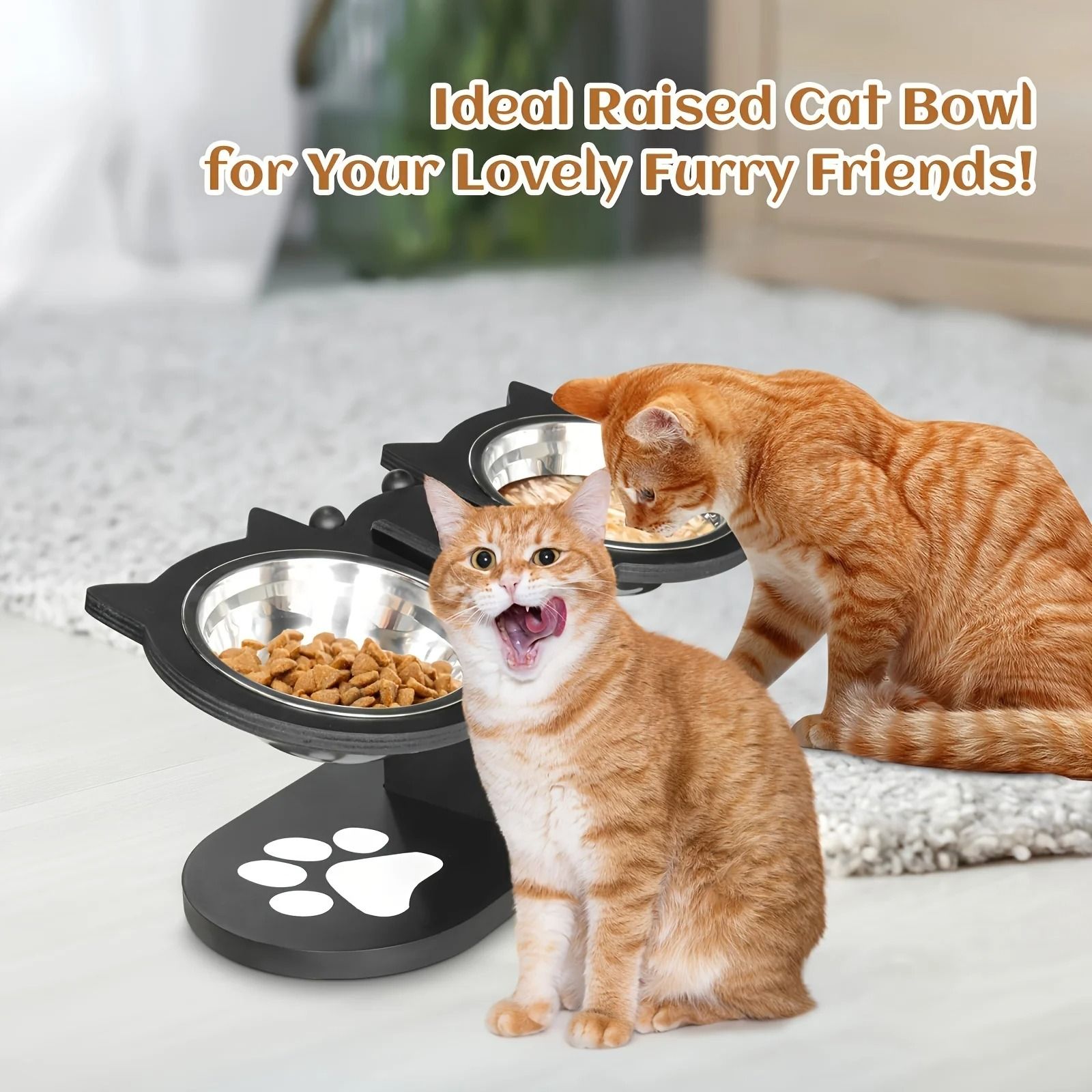 Elevated Tilted Cat Food Bowls with Wooden Stand and Stainless Steel Bowls