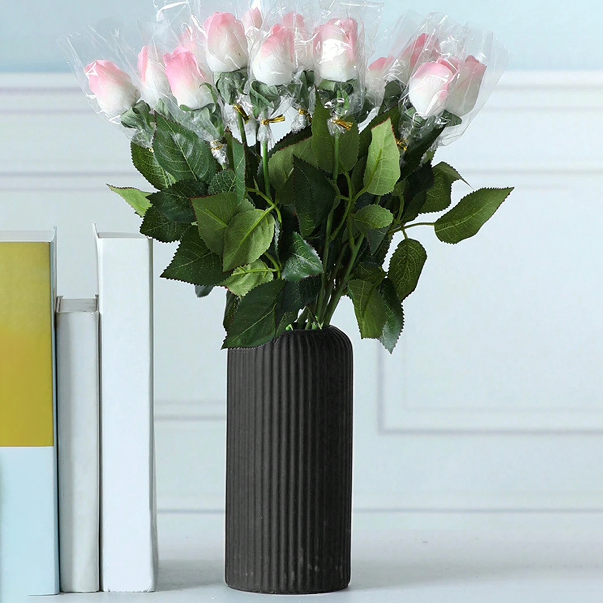 Creative Little Flower Vase, Striped Ceramic-Like Plastic Vase for Floral Arrangement