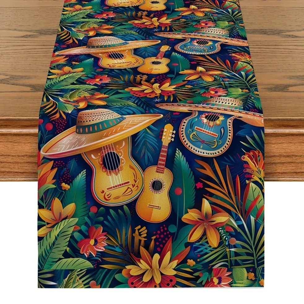 Mexican Style Cactus Print Linen Table Runner