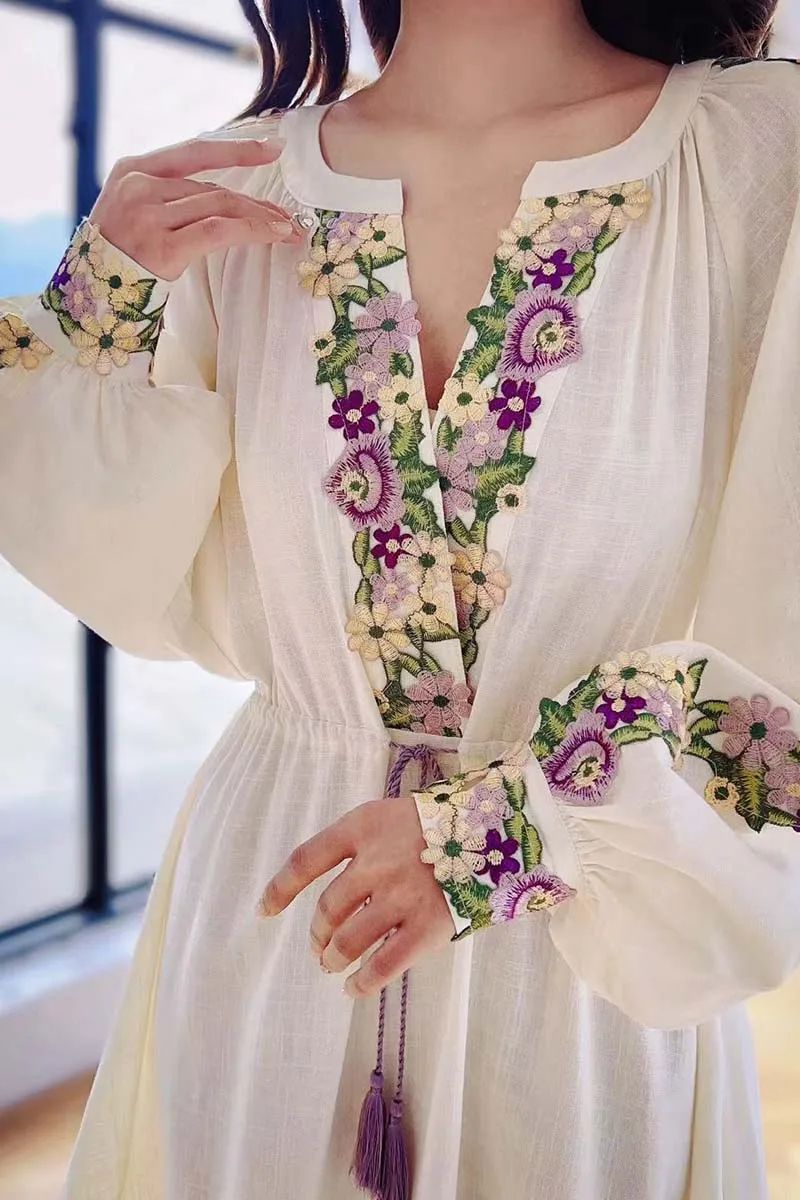 Embroidered Chiffon Dress with Lantern Sleeves – Elegant Beach Style Dress Knee-Length Y2K Spring Dress