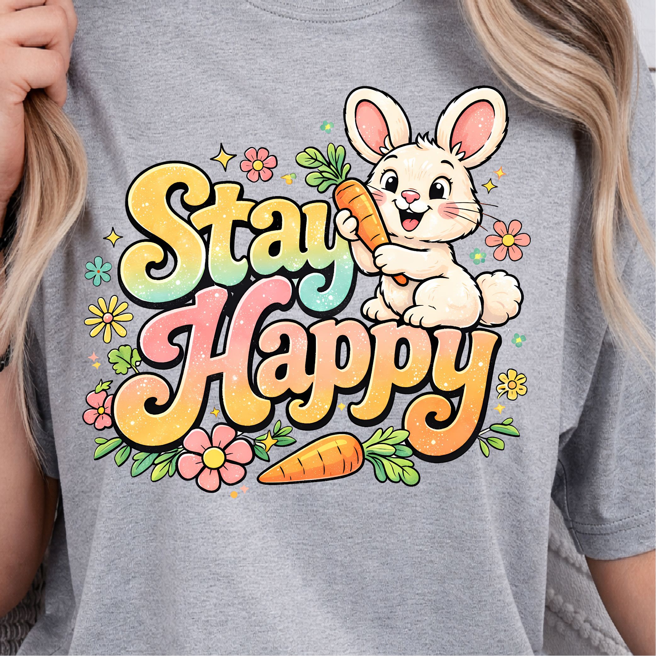 Stay Happy Shirt – Happy Bunny with Carrots Easter Tee