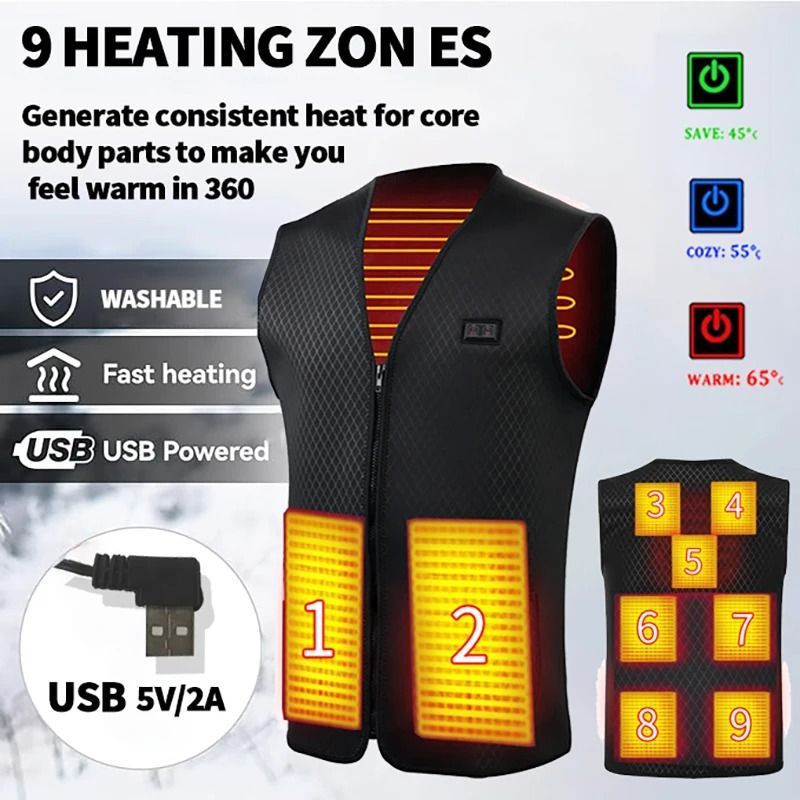 Nine Zone USB Heated Vest Winter Electric Heating Jacket for Men and Women