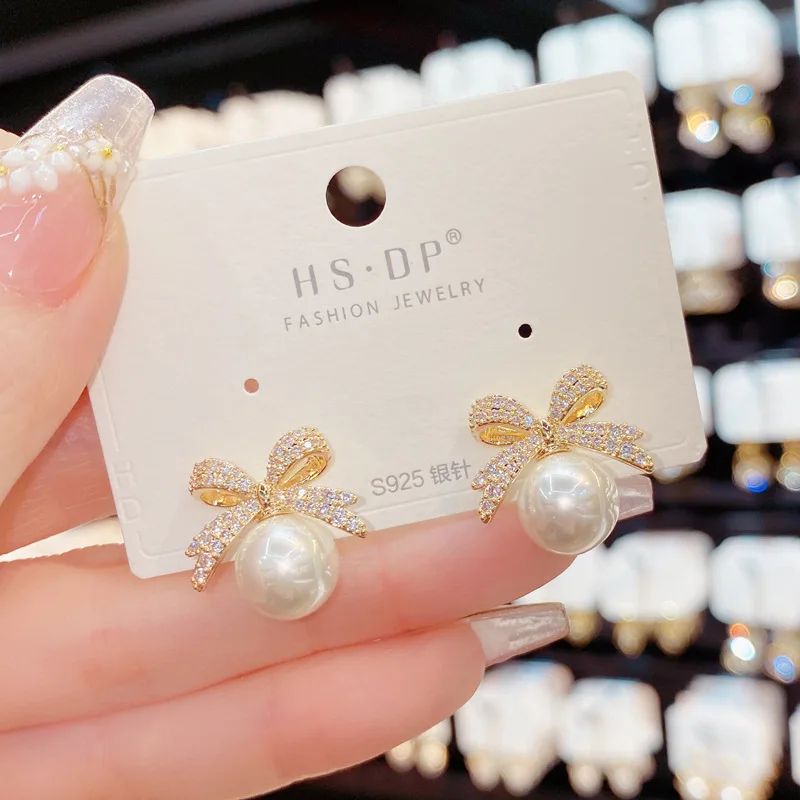 Rhinestone Bow Pearl Stud Earrings Elegant Womens Jewelry