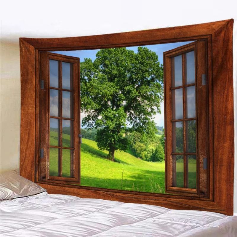 3D Window Scenery Tapestry Forest View Wall Hanging Mural Cloth Decor
