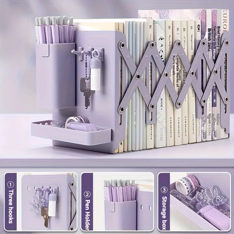 6-Piece Retractable Bookends Set with Storage and Pen Holders