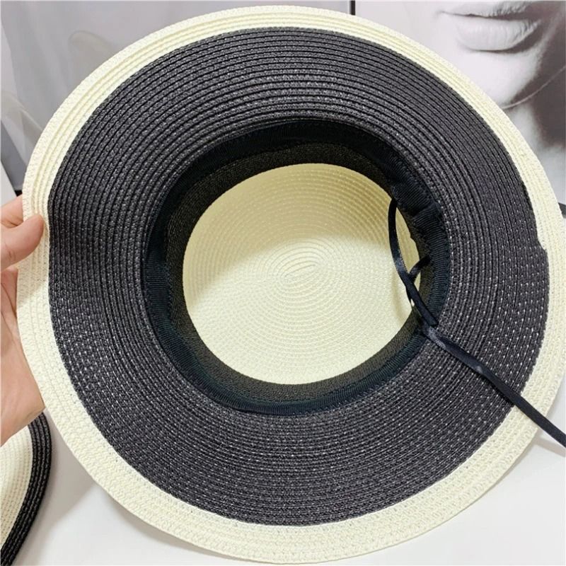 Hepburn Style Womens Flat Top Straw Hat Elegant Black White Fashion Sun Hat