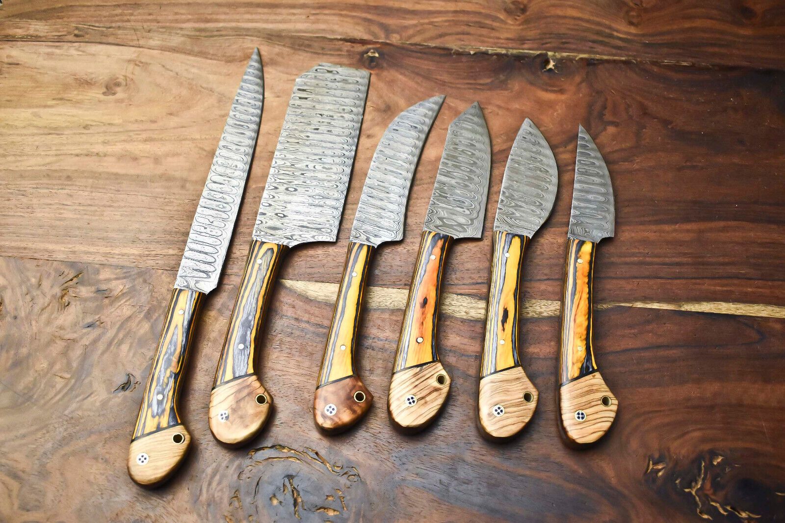 5 Artisan Damascus Steel Kitchen Knives – Handmade & Hammered Design