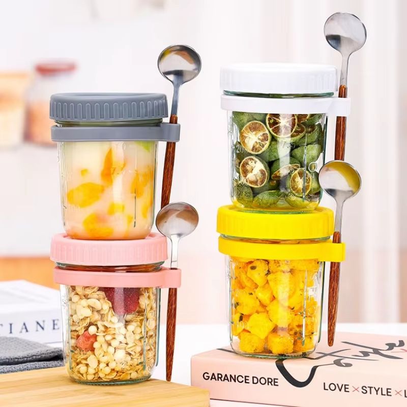 High-Value Oat Cup – Transparent Glass with Lid, Spoon, and Scale, Multi-Color Breakfast Cup