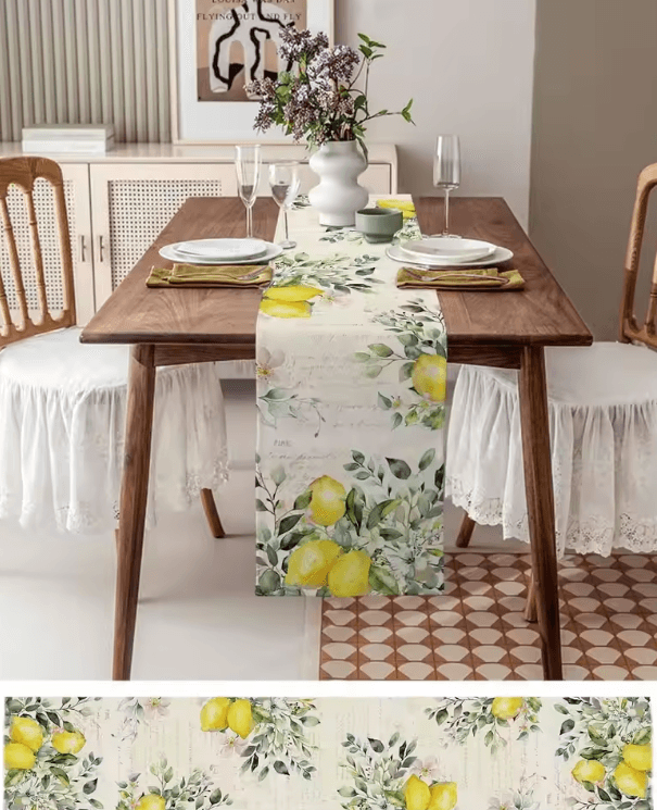 Eucalyptus Lemon Linen Table Runner – Fresh Botanical Farmhouse Dining Decor
