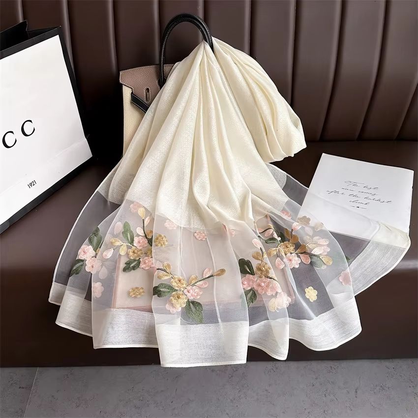 Luxury Shiny Lace Hijab Scarf with Floral Embroidery Lightweight Silk Feel Shawl Wrap for Women