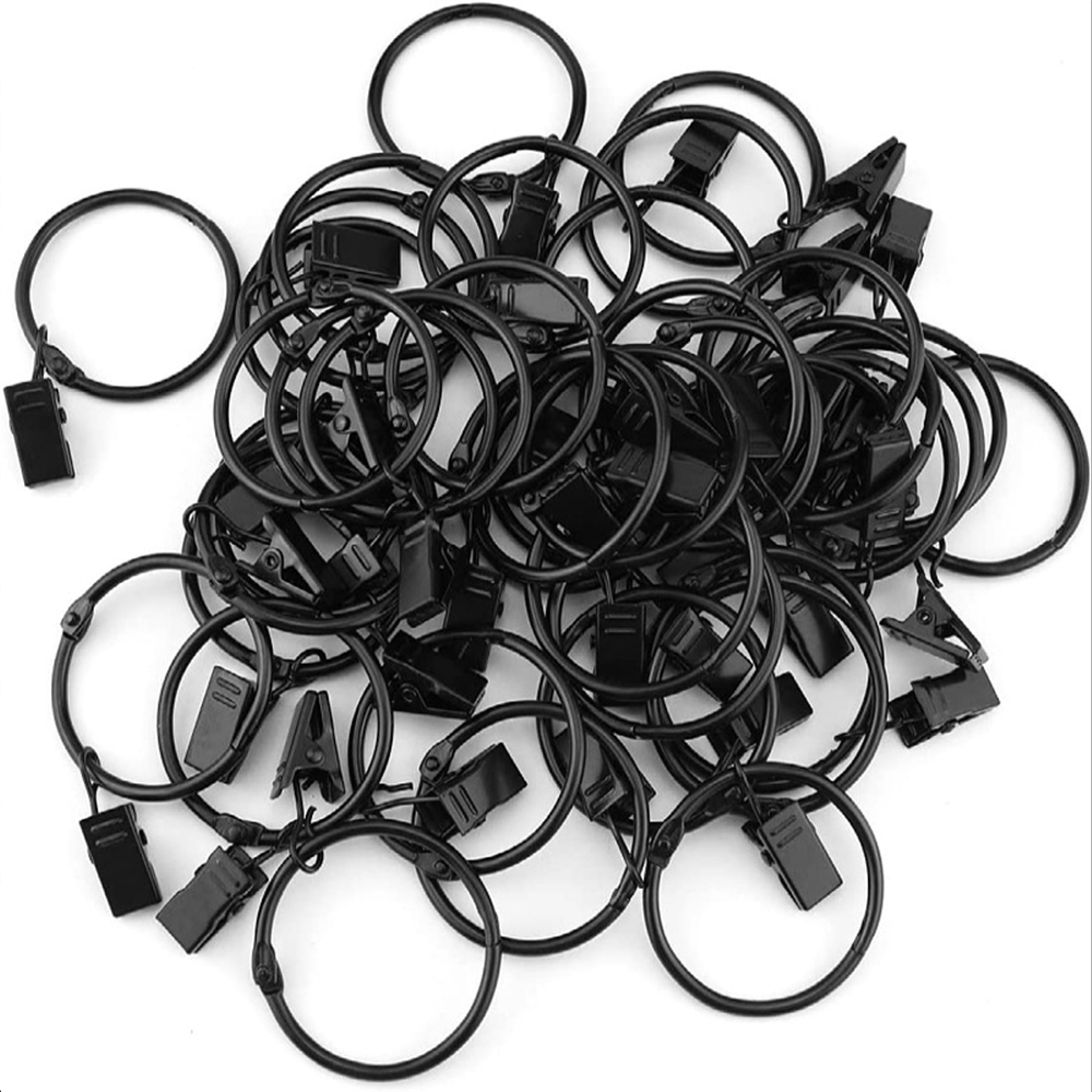 Black Curtain Hooks Hangers, Metal Curtain Rings with Clips, Drapery Clips