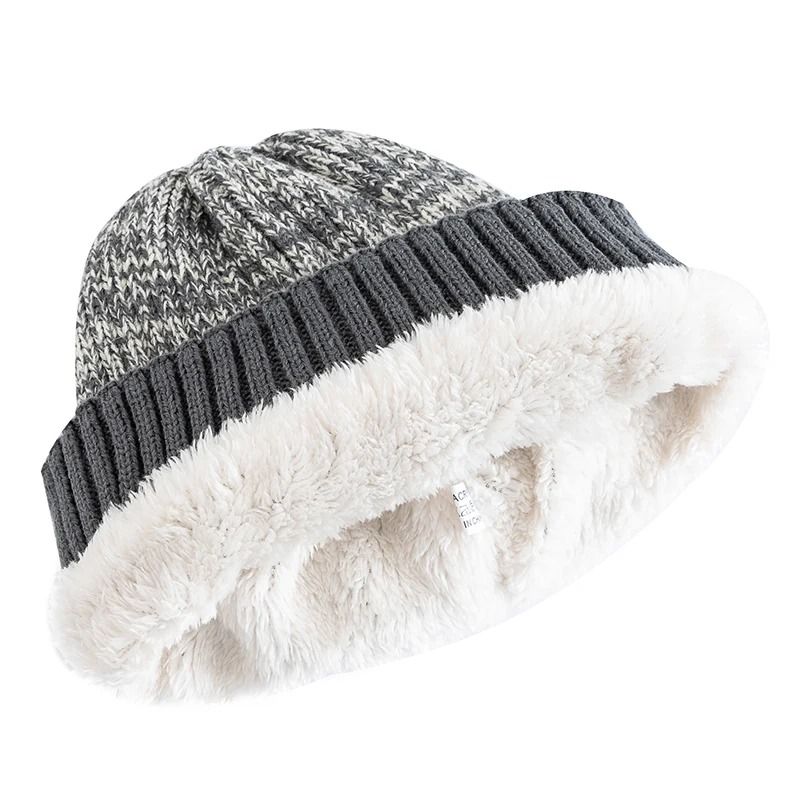 Unisex Two Tone Winter Fur Lined Beanie Hat
