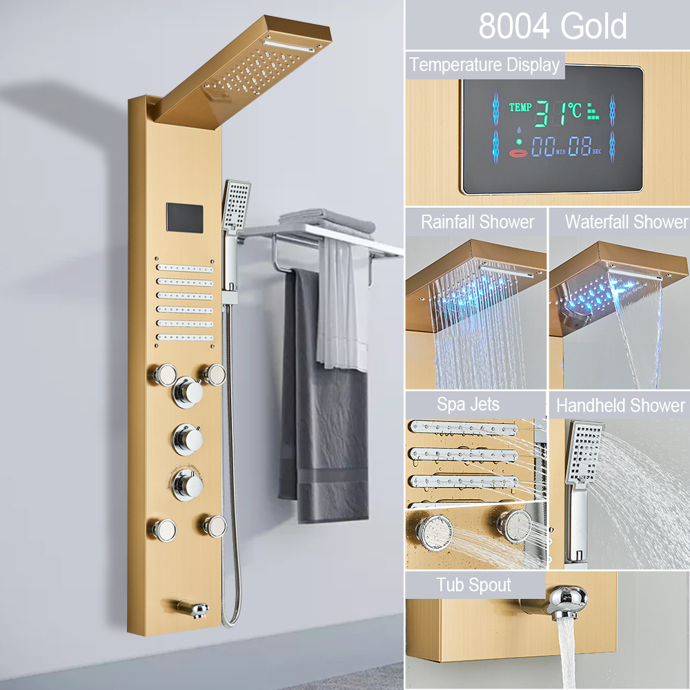 LED Light Shower Panel, Waterfall Rain Digital Display Shower Faucet Set, SPA Massage Jet Bathroom Column Mixer Tap