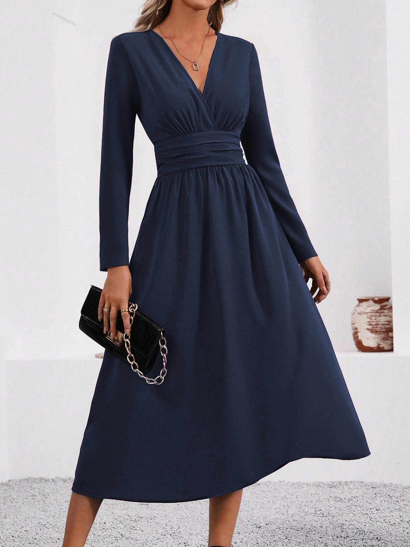 Elegant Bodycon Long Maxi Dress for Women Fall Winter Overlap V-Neck Knit Dress with Waist Shirring Long Sleeve