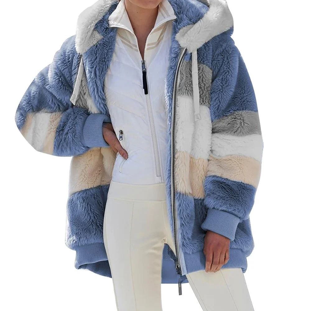 Oversized Plush Hooded Jacket for Women Warm Winter Cashmere Coat with Zipper and Pockets