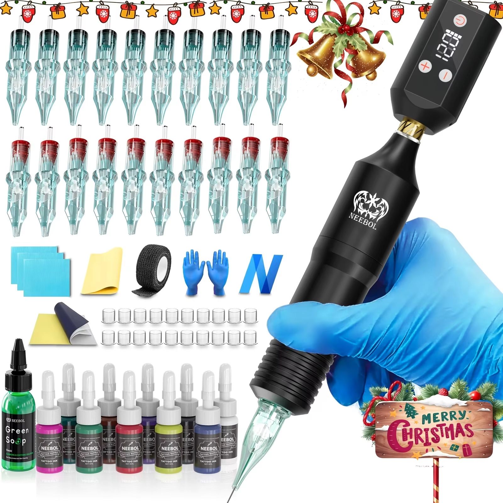 Neebol Wireless Tattoo Kit – Complete Cordless Tattoo Pen Set with LED Power Display and 1500mAh Battery for Beginners &