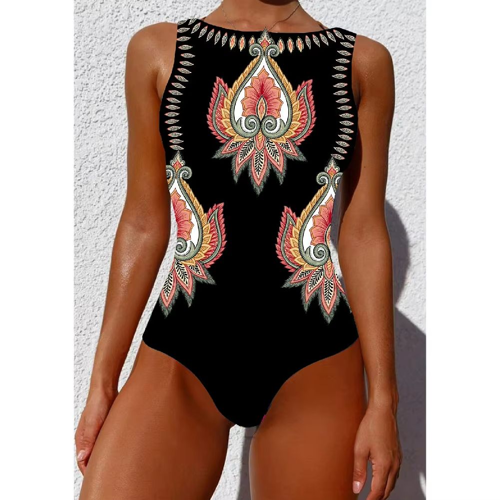Women's Printed One-Piece Swimsuit – Push Up Lace-Up Beachwear