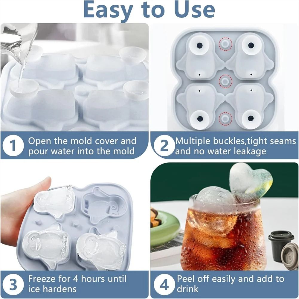 Premium Penguin Silicone Ice Cube Tray – 3D Novelty Flower & Animal Mold with Leak-Proof Lid