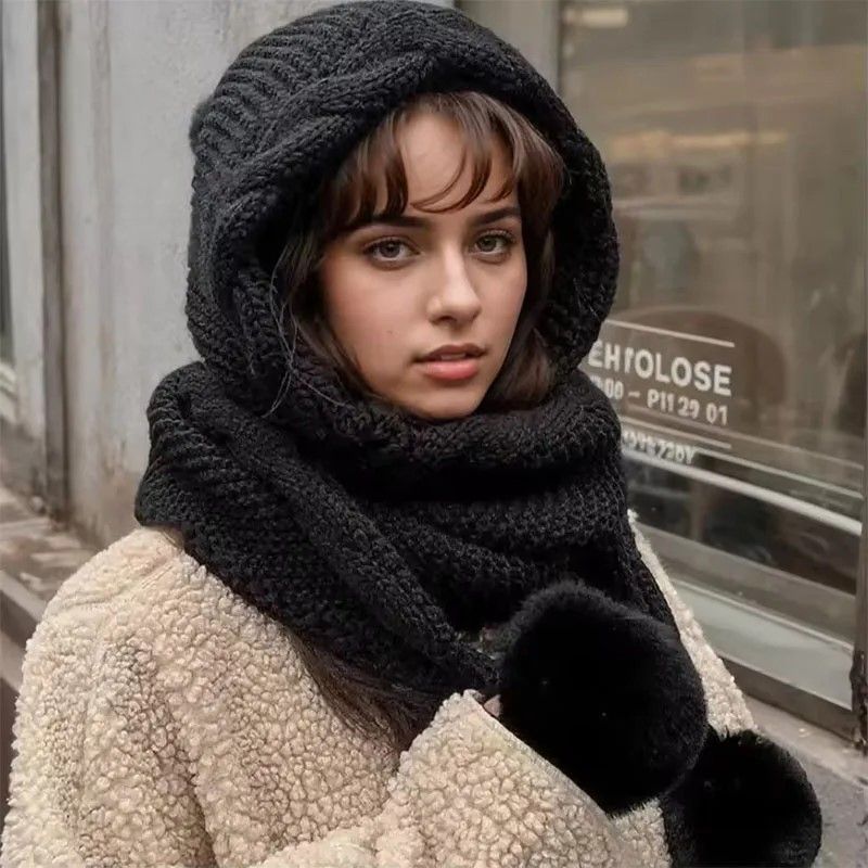 FrostLuxe Womens Thermal Knit Pom Beanie & Integrated Balaclava Scarf Set
