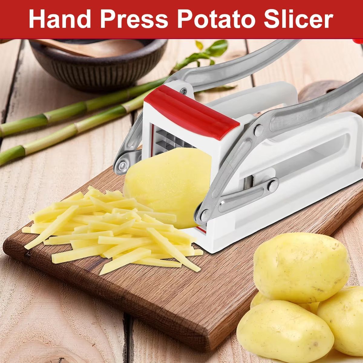 QuickSlice Stainless Steel French Fry Cutter – Manual Potato Chipper and Vegetable Slicer with Interchangeable Blades