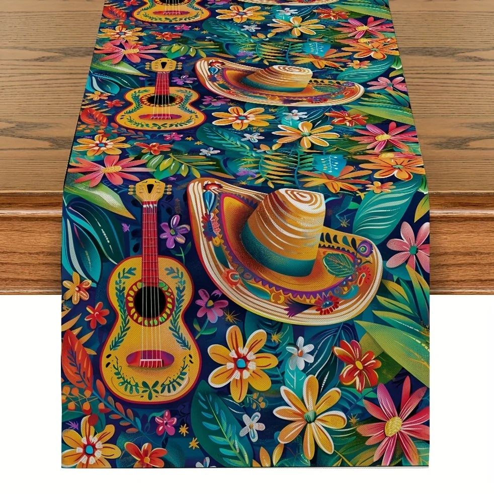 Mexican Style Cactus Print Linen Table Runner