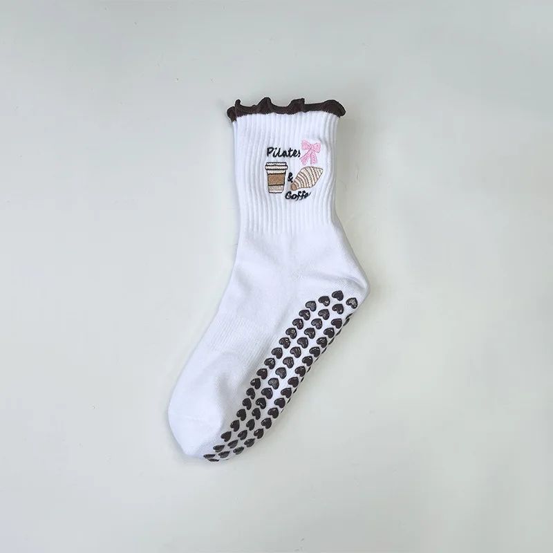 Womens Knitted Embroidered Non-Slip Yoga Socks EU 36–43 – Silicone Grip Pilates & Fitness Mid-Calf Socks