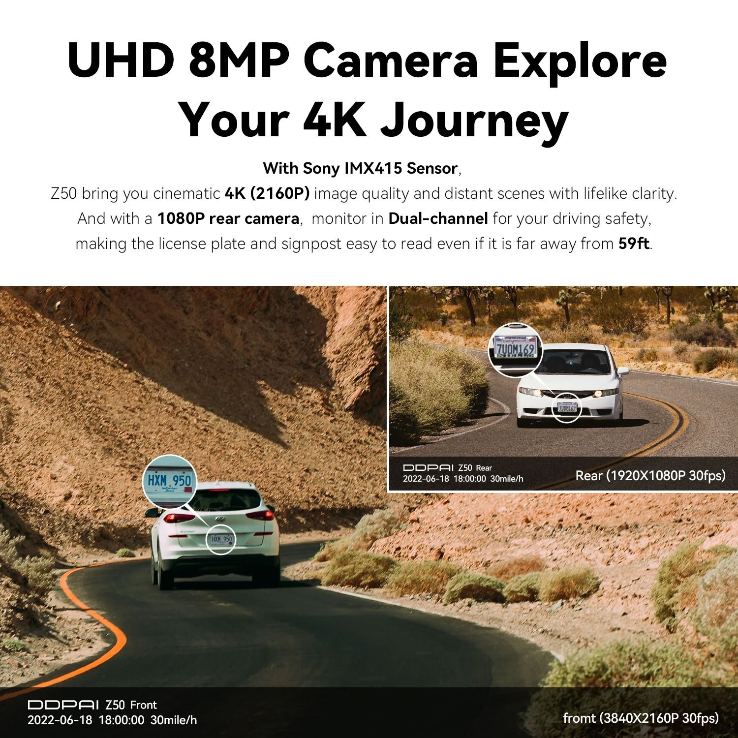 4K Dual Dash Cam with GPS and WiFi for Front and Rear Car Recording