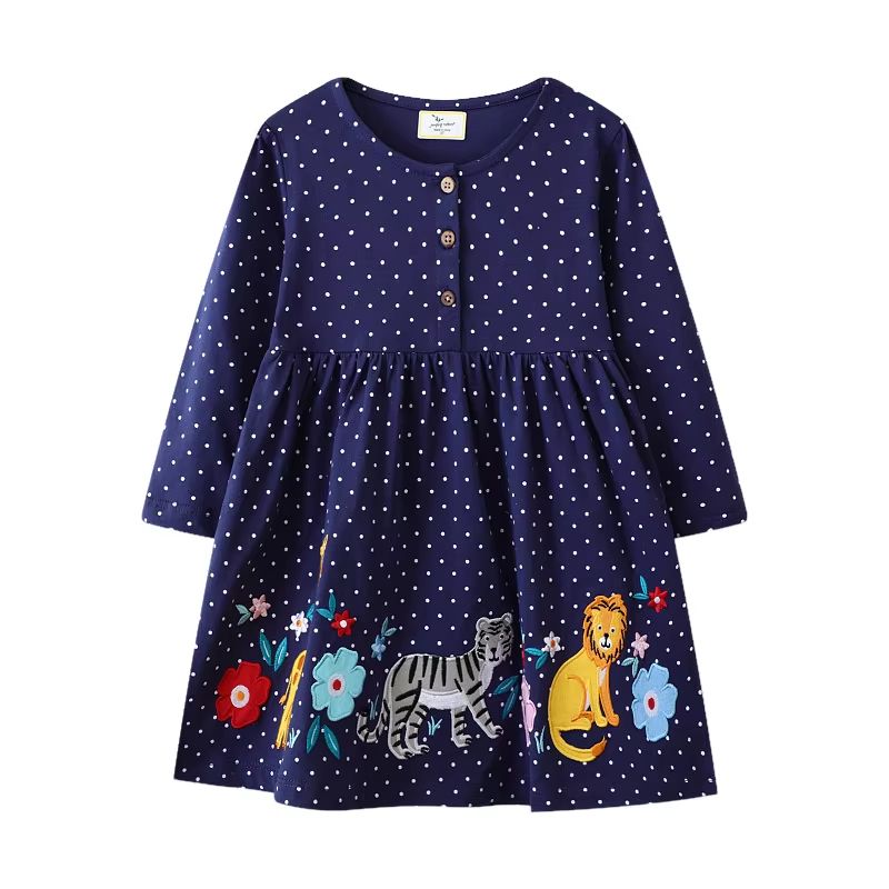 Jumping Meters Princess Girls Dress Long Sleeve Toddler Party Dress Animal Applique Polka Dot Kids Princess Dress