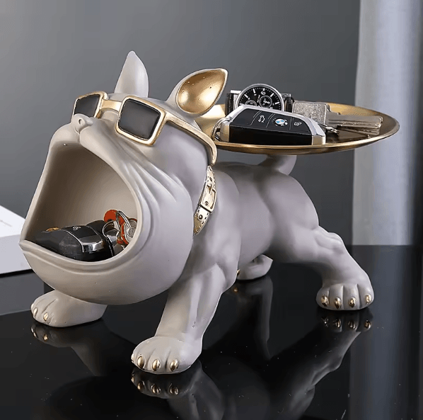 Large Bulldog Storage Statue – Resin Dog Figurine with Tray Organizer for Home Decor & Desk Storage