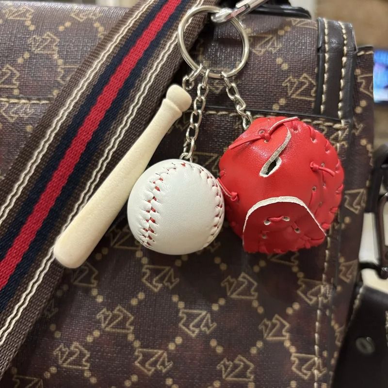 Mini Baseball Keychain Set with Bat Glove and Ball PU Leather Sports Keyring Gift