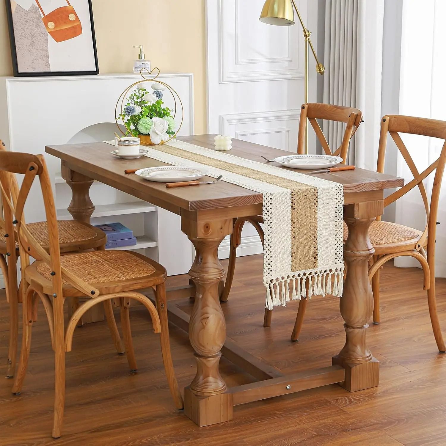 Rustic Boho Farmhouse Linen Table Runner with Tassels