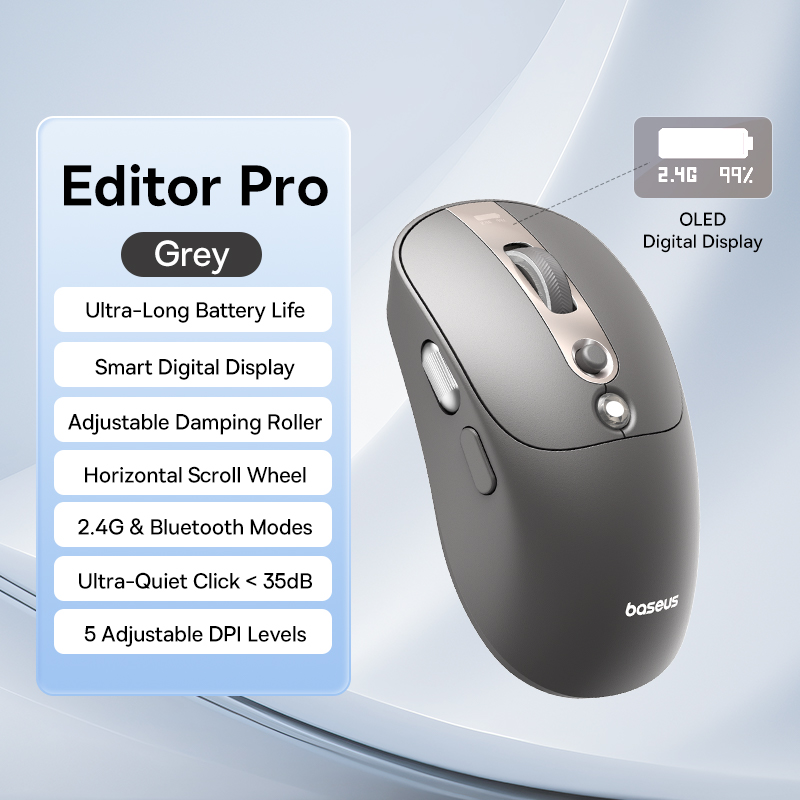 Rechargeable Ergonomic Mice Digital Display, Baseus Bluetooth Wireless Mouse, Two Scroll Wheels, Customizable Button