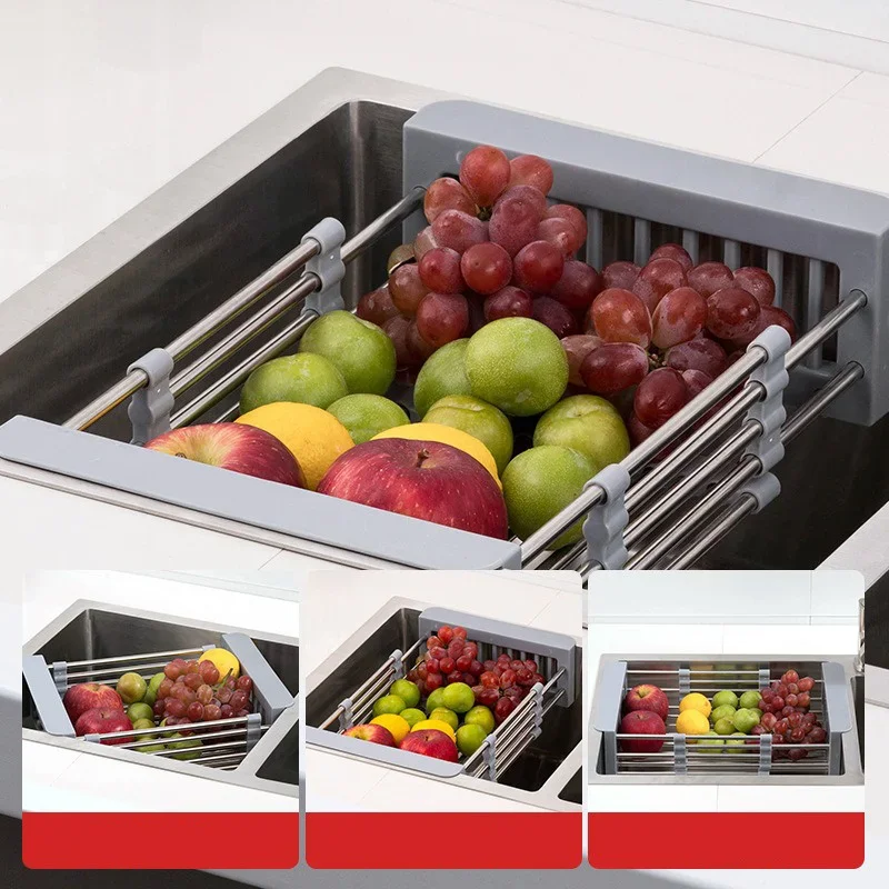 Stainless Steel Kitchen Sink Drain Rack, Extendable Dish Drying Rack, Fruit Vegetable Washing Drainer