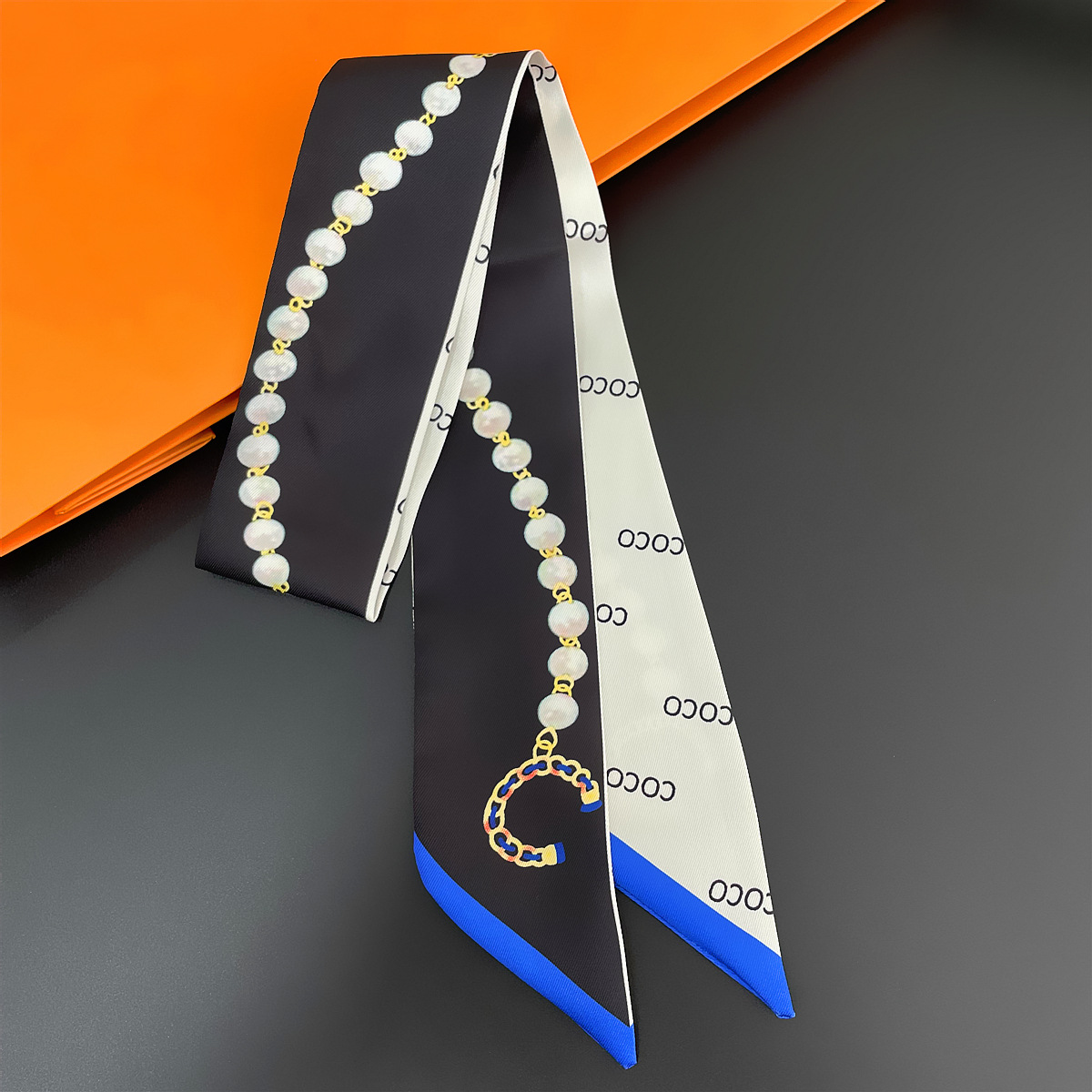 Women's Double-sided Twill Thin Ribbon Headband, French Elegant Black and White Tied Handle Bag, Long Small Silk Scarf