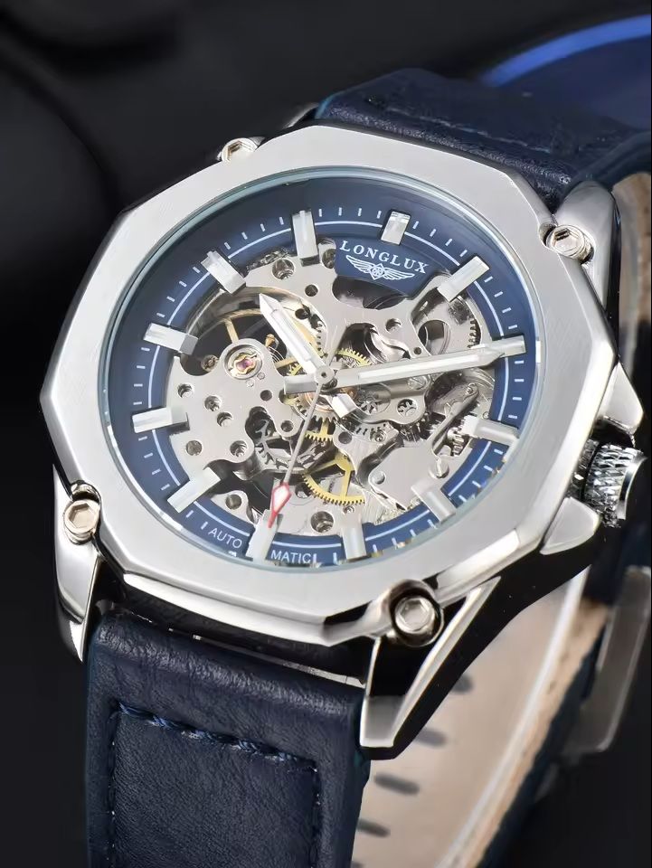 Automatic Mechanical Watch Hollow Dial Leather Strap for Men