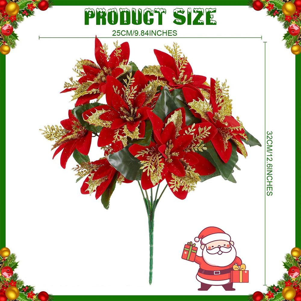 Festive Poinsettia Glitter Flower Bouquet – Premium Artificial Christmas Flowers for Holiday Home & Tree Decor