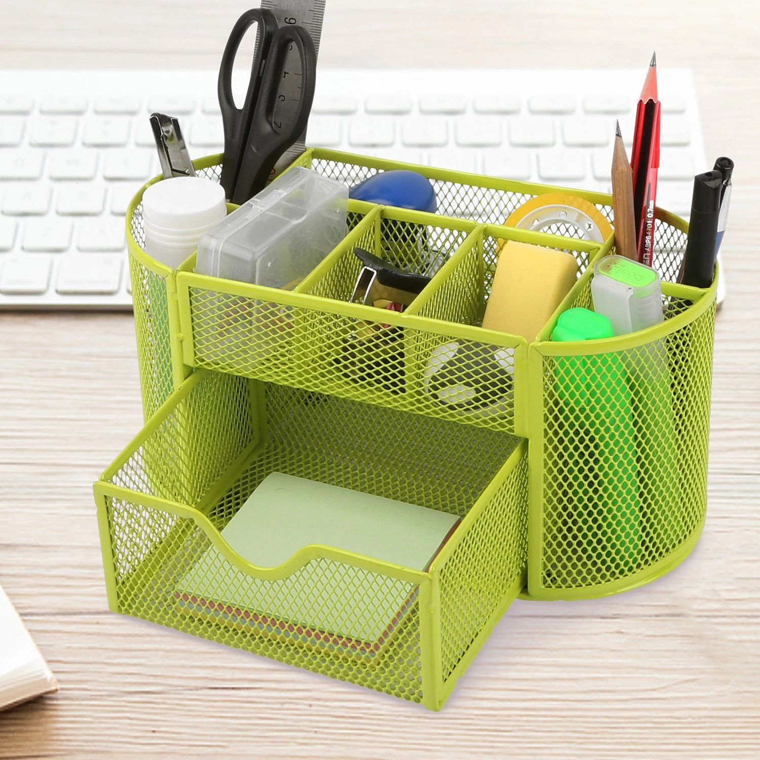 Metal Desk Organizer Mesh, Office Pen Pencil Holder, Storage Tray Green - Compact & Durable Desktop Storage Solution
