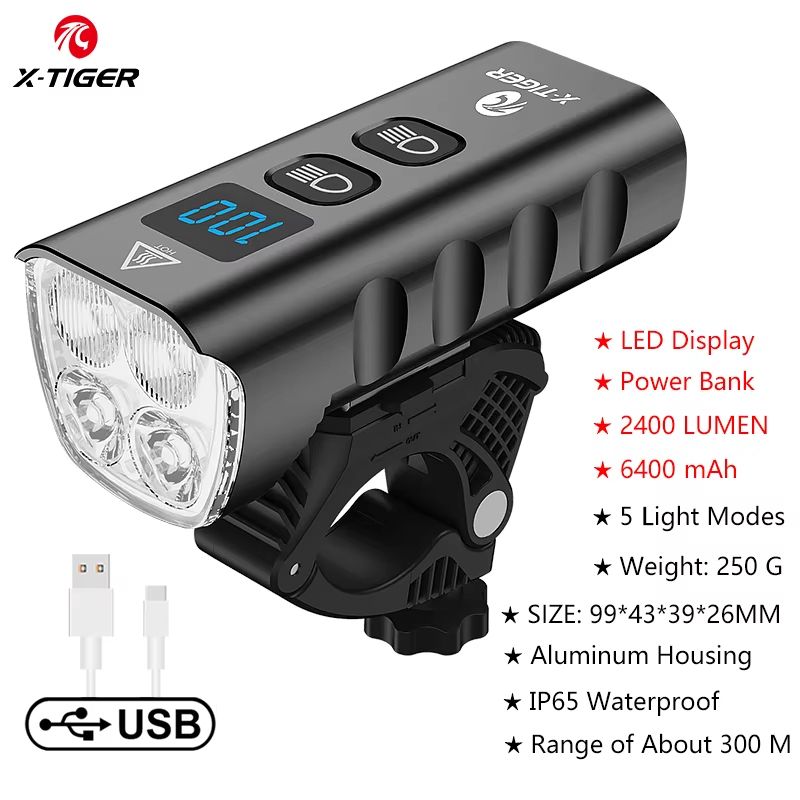 X-TIGER 2400 Lumen Waterproof Bike Light – USB Rechargeable Aluminum Alloy Cycling Headlight for MTB & Road
