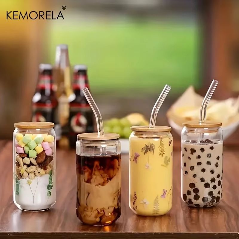 18.6oz Glass Cup with Lid and Straw for Bubble Tea Coffee and Milk Drinks