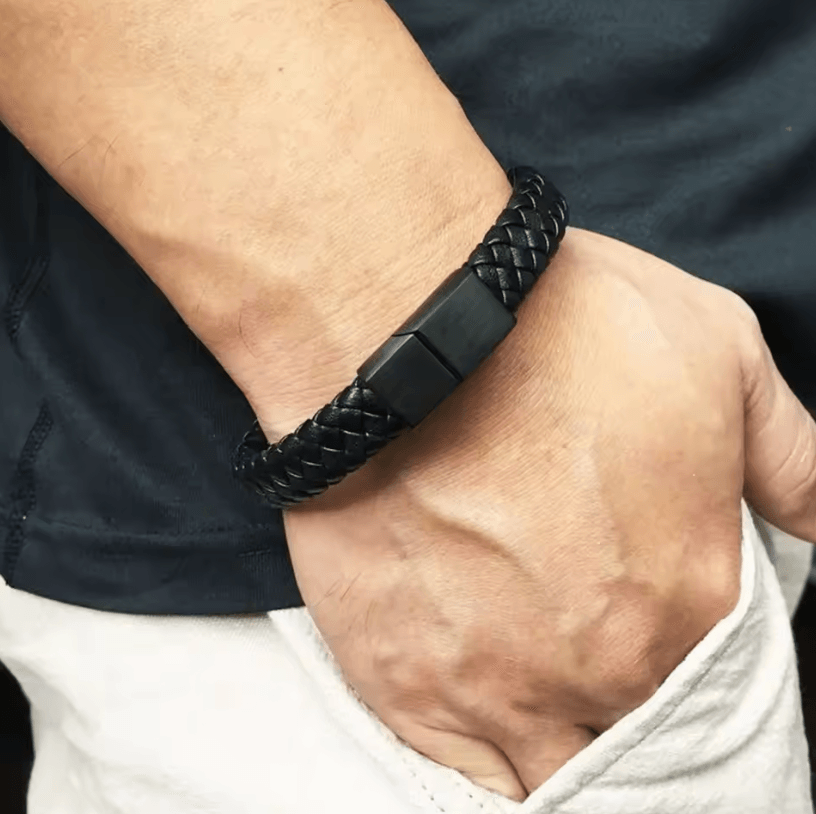 Mens Woven Leather Bracelet Open Bangle Adjustable Braided Wristband