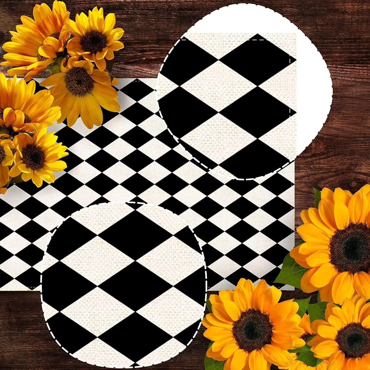 Black White Diamond Lattice Linen Table Runner