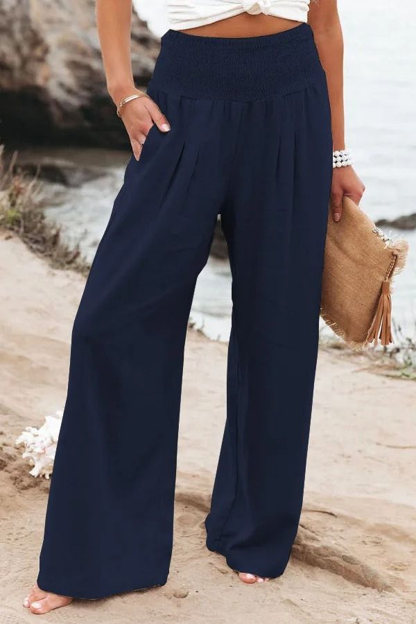 Women Drawstring Wide Leg Casual Pants Mid Waist Beach Trousers