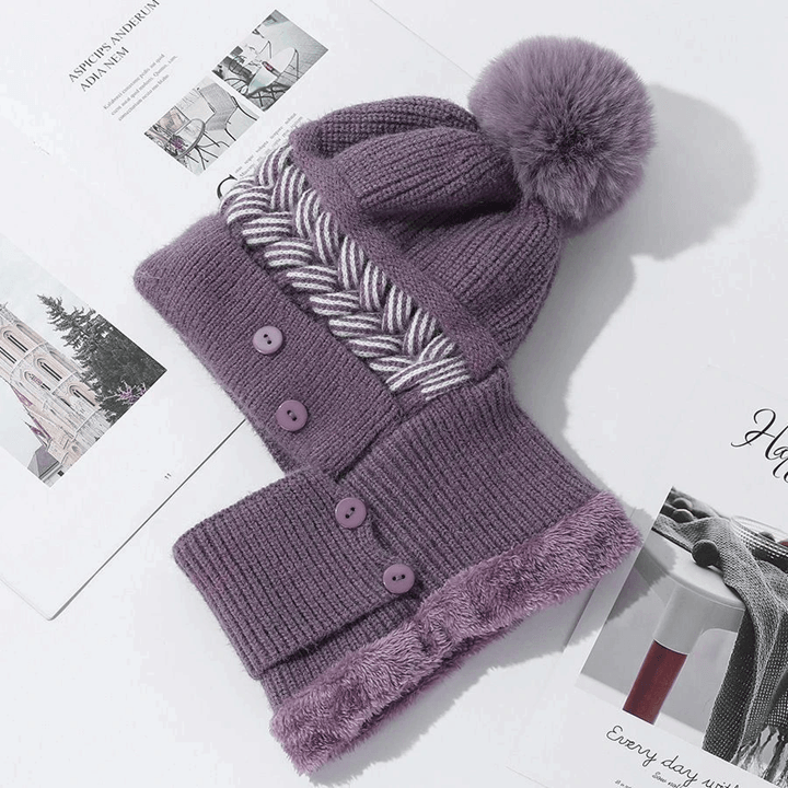 Womens Plush Fur Lined Winter Hat with Pompoms and Windproof Balaclava Design