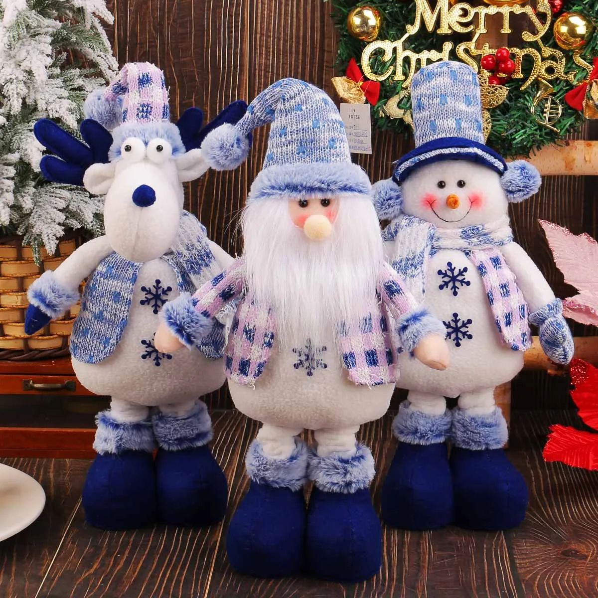 Nordic Blue Christmas Plush Hanging Dolls – Stretchy Santa, Reindeer & Snowman Tree Ornaments