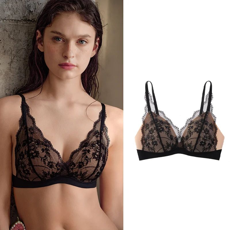 SUJIIN Deep V Wireless Push-Up Lace Bra – Breathable French Style Summer Lingerie